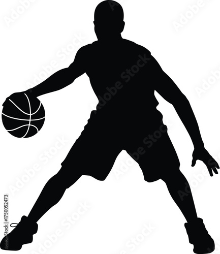 Silhouette of a basketball player dribbling the ball, isolated on white background sport concept