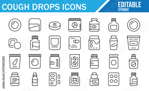 Editable Vector Icons of Cough Drops and Medical Bottles