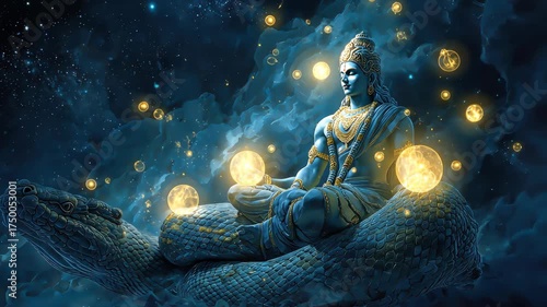 A digital painting of lord vishnu resting on the serpent ananta shesha in the cosmic ocean, with glowing orbs around him, fantasy lighting, deep space background