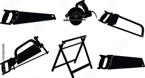Saw tool vector, hand saw, circular saw, hacksaw, bow saw, sawhorse illustration, carpentry tool, woodworking equipment, DIY repair, construction icon