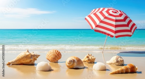 Vibrant Red and White Striped Beach Umbrella with Assorted Seashells on Wet Sand, Turquoise Ocean Backdrop
