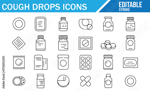 Set of Line Icons for Cough Drops and Medications, Editable Stroke, Clear Vector Illustration for Health and Pharmacy Concepts