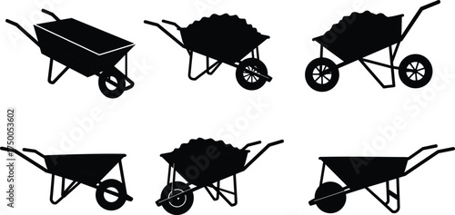 Wheelbarrow vector illustration, garden tool, construction equipment, soil carrier, DIY repair, landscaping tool, industrial element, outdoor supply, utility cart, silhouette design