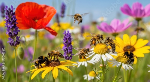 Vibrant Summer Meadow: Honeybees & Bumblebee Buzzing on Diverse Wildflowers, Pollinating in Bright Sunlight