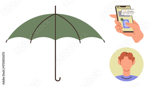 Green umbrella, hand holding smartphone showing messaging app, and male avatar. Ideal for communication, weather, protection, online interaction, social media user identity safety themes. Simple