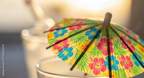 Vibrant Tropical Cocktail Umbrella Adorned with Hibiscus Flowers and Palm Leaves