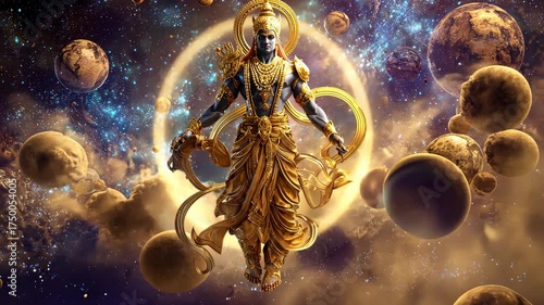 Lord vishnu floating above the universe, wearing golden armor, surrounded by planets and stars, digital fantasy concept art