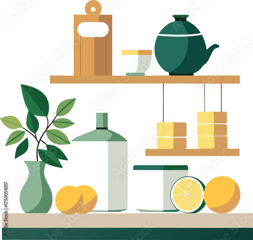 vector illustration of a minimalist kitchen shelf. Matching ceramic canisters for flour, sugar, and tea, all in pastel colors on transparent background