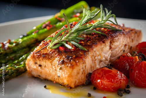 Gourmet presentation of seared salmon with asparagus and cherry tomatoes