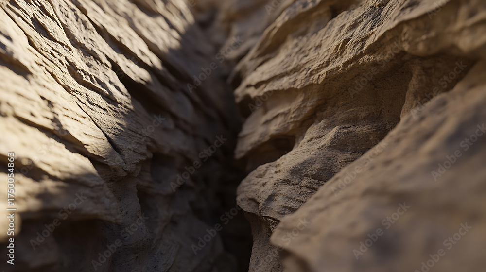 Obraz premium Deep rock crevice, layered texture, sunlight filtering through. Earthy, rugged, and dramatic. A geological marvel.