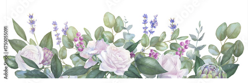 Watercolor white rose wedding border, floral PNG frame, engagement invitation graphics, lavender flowers, artichoke 