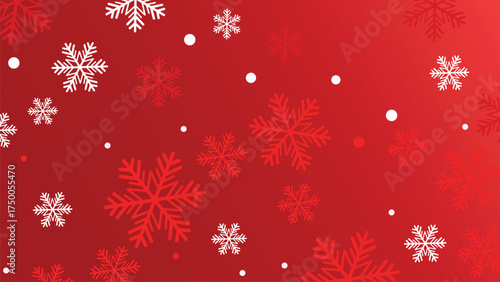 Vibrant red gradient background with scattering white and red snowflakes vector graphic.