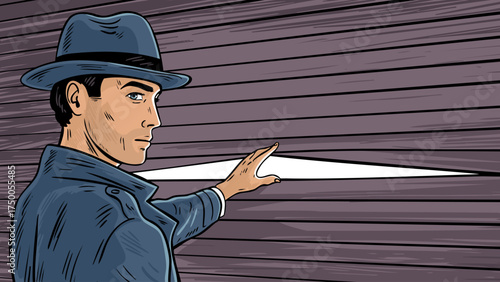 Detective peeking through shutters — 16:9 pop art banner