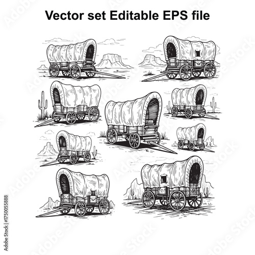Vector art of a set of vintage covered wagon illustrations in black and white, depicting various angles and settings, ideal for western themes and historical projects
