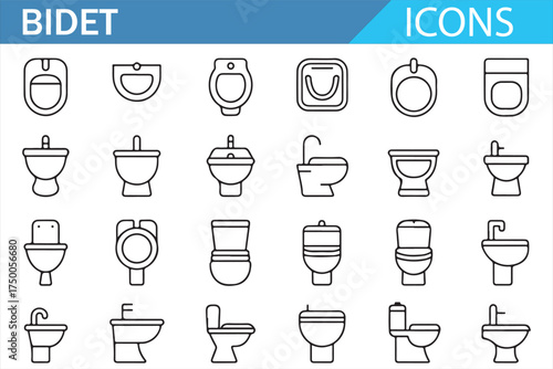 Bathroom Fixtures Icon Set – Bidet Toilets, Flush Toilets, and Washlets