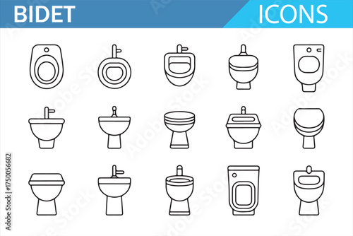 Set of Bidet Toilet Symbols – Modern Restroom Fixtures and Hygiene Equipment