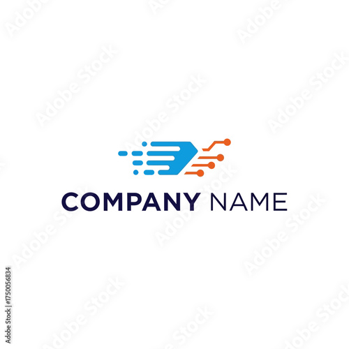 A blue and orange abstract logo representing technology and data flow, with the text COMPANY NAME below.