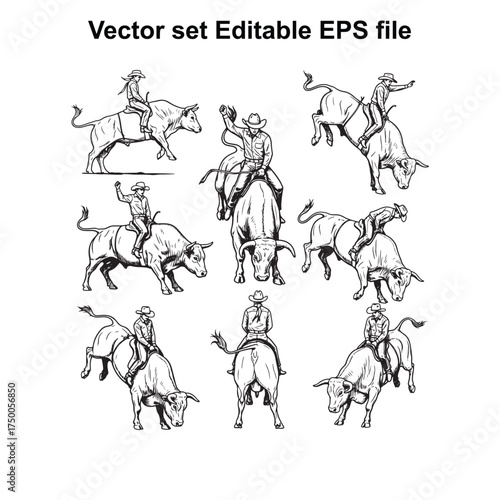 Vector art of collection of nine illustrations depicting cowboys riding bulls and horses in various rodeo action poses, presented as an editable eps vector file