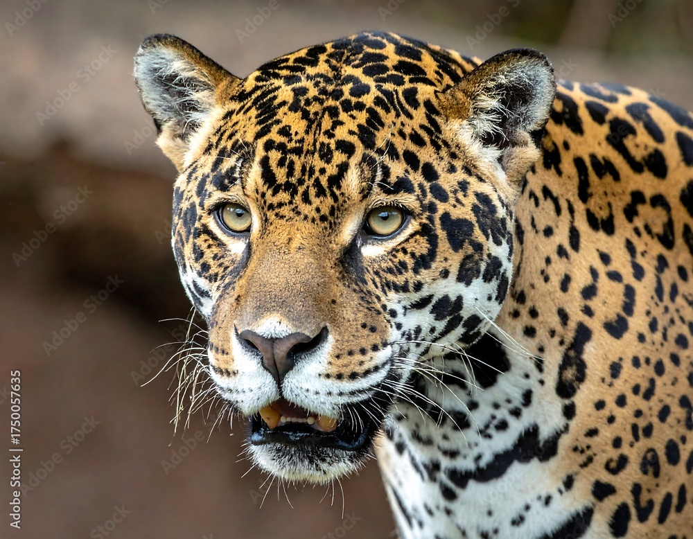 Obraz premium A close-up of a large wild cat with spotted fur, focused intently. The big cat has golden eyes and is the subject of a well-lit portrait