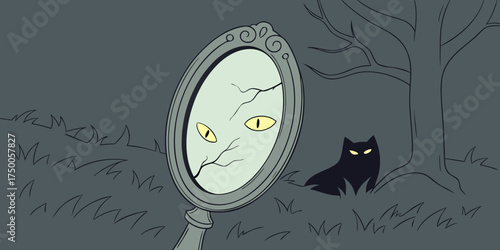 Cursed Haunted Mirror Glowing Eyes Horror Halloween Illustration
