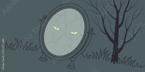 Glowing Eyes in Cursed Mirror Spooky Halloween Vector Art