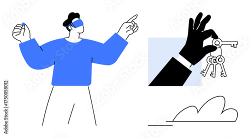 Man wearing VR headset gestures, exploring virtual space. Hand holding keys emphasizes access, opportunity, and technology. Ideal for innovation, technology, creativity, security progress