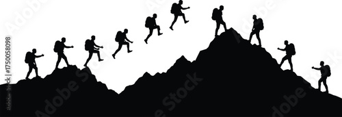 Mountain hiking silhouette, adventure journey, group trekking, outdoor challenge, peak climbing, backpack travelers, nature exploration, wilderness trail, elevation progress, scenic landscape