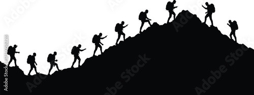 Mountain hiking silhouette, group of climbers, trekking uphill, teamwork, outdoor adventure, black and white illustration, nature, perseverance, goal, challenge, ascentMountain hiking