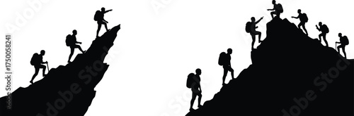 Hikers climbing mountain, teamwork adventure, outdoor trekking, group hiking silhouette, mountain peak ascent, nature challenge, backpack journey, wilderness exploration, unity strength