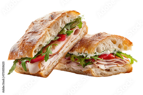 Artisan ciabatta sandwich featuring tender turkey slices, juicy tomatoes, peppery arugula, and basil-infused aioli, rustic flour top and airy bread texture, isolated on transparent background.
