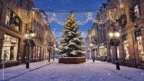 Enchanting European Christmas street scene with falling snow festive lights and a central