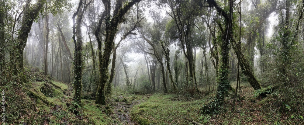 Obraz premium Dense, verdant forest scene with moss-covered trees, path disappearing into mist. Cloudy sky above