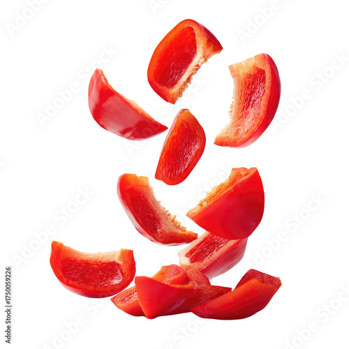 Vibrant red bell pepper pieces, freshly cut and scattered, fall dynamically against a dark background. Perfect for healthy cooking and fresh ingredients. background removed