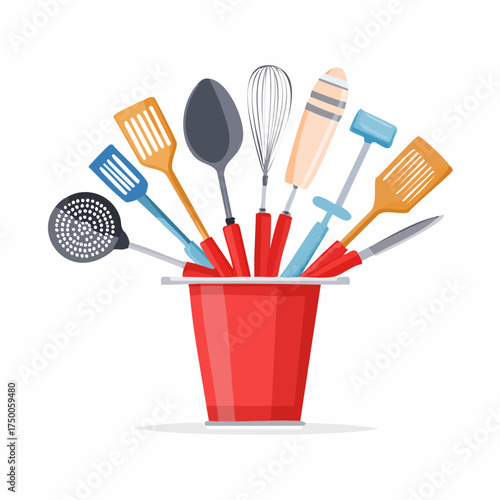 Colorful Kitchen Utensils and Cooking Tools in Red Holder