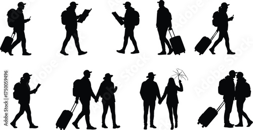 Travelers walking, airport silhouettes, people with luggage, travel lifestyle, backpackers, tourism, journey, vacation, transit, commuting, global travel, urban mobility