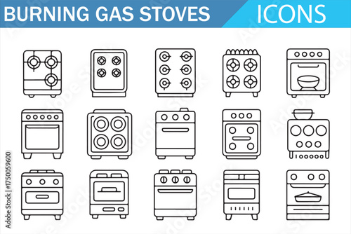 Set of minimalistic gas stove icons for kitchen and cooking purposes.