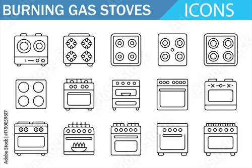 Set of burning gas stoves icons, featuring various stove designs and styles in a simple linear illustration. Ideal for kitchen, appliance, and cooking-themed designs.