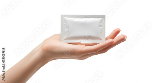 Hand holding a small silver packet isolated on transparent background