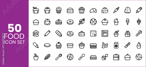  Collection of linear icons representing instant food preparation, featuring bowls, cups, containers, sachets, and cooking processes