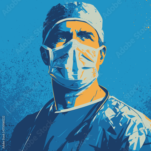 Surgeon in face mask on blue background