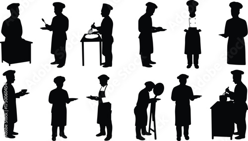 Chef silhouettes, cooking action, culinary teamwork, kitchen staff, food preparation, restaurant service, chef attire, gourmet cuisine, professional cooking, meal plating
