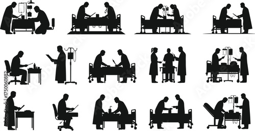 Hospital staff silhouettes, medical professionals, patient care, healthcare teamwork, nurse doctor interaction, clinical environment, hospital bed, consultation, treatment, support, diagno