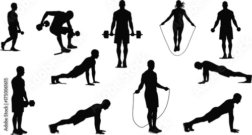 Fitness silhouettes, workout poses, dumbbell training, push-up exercise, plank position, jump rope, gym routine, strength training, bodyweight workout, active lifestyle