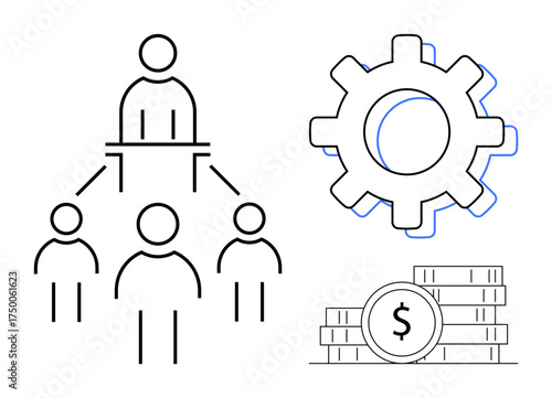 Hierarchical structure with leader and team, large cogwheel symbolizing processes, stacked coins with dollar sign for financial growth. Ideal for management, business strategy, finance, teamwork