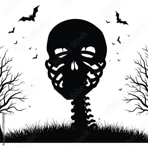 A halloween scene featuring a skeleton head and neck silhouette with bats flying in the background and trees