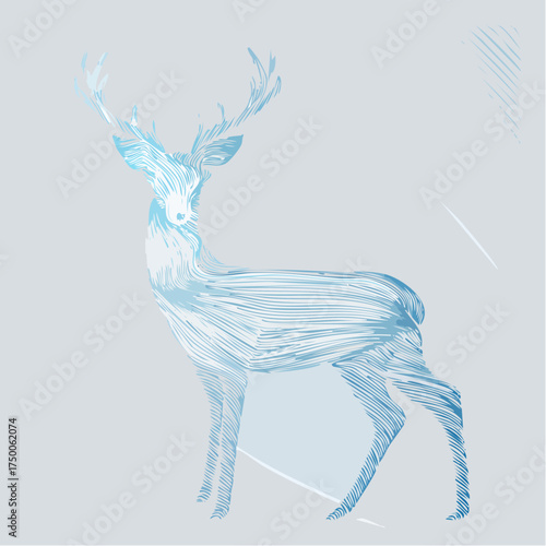 Artistic illustration of a majestic deer with intricate line work and brush strokes, showcasing elegant antlers and a graceful silhouette against a soft, textured background