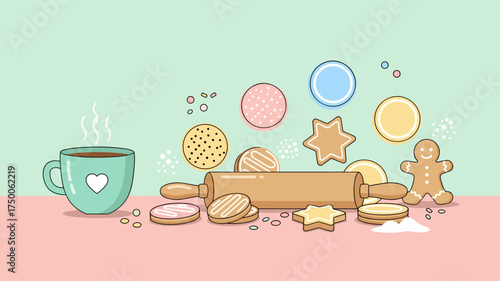 Winter Baking Scene with Rolling Pin, Gingerbread, and Hot Cocoa