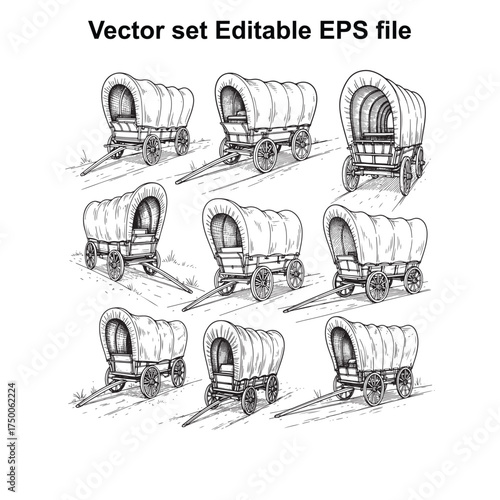 Vector art of collection of wagon illustrations, depicting various covered wagons from the pioneer era