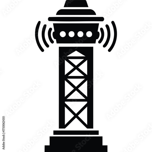 A black and white illustration of a tall tower with signal waves emanating from the top structure part silhouette
