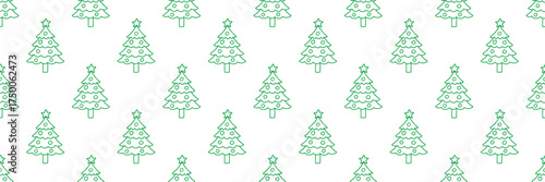 A repeating pattern of simple green Christmas trees, decorated with stars and ornaments. Ideal for festive and holiday-themed designs